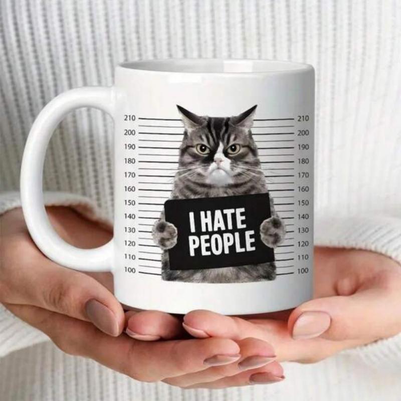 Tailorly White Ceramic 11 oz Mug - I Hate People Grumpy Tabby Holding A Sign In Front Of Mugshot Height Chart Cat