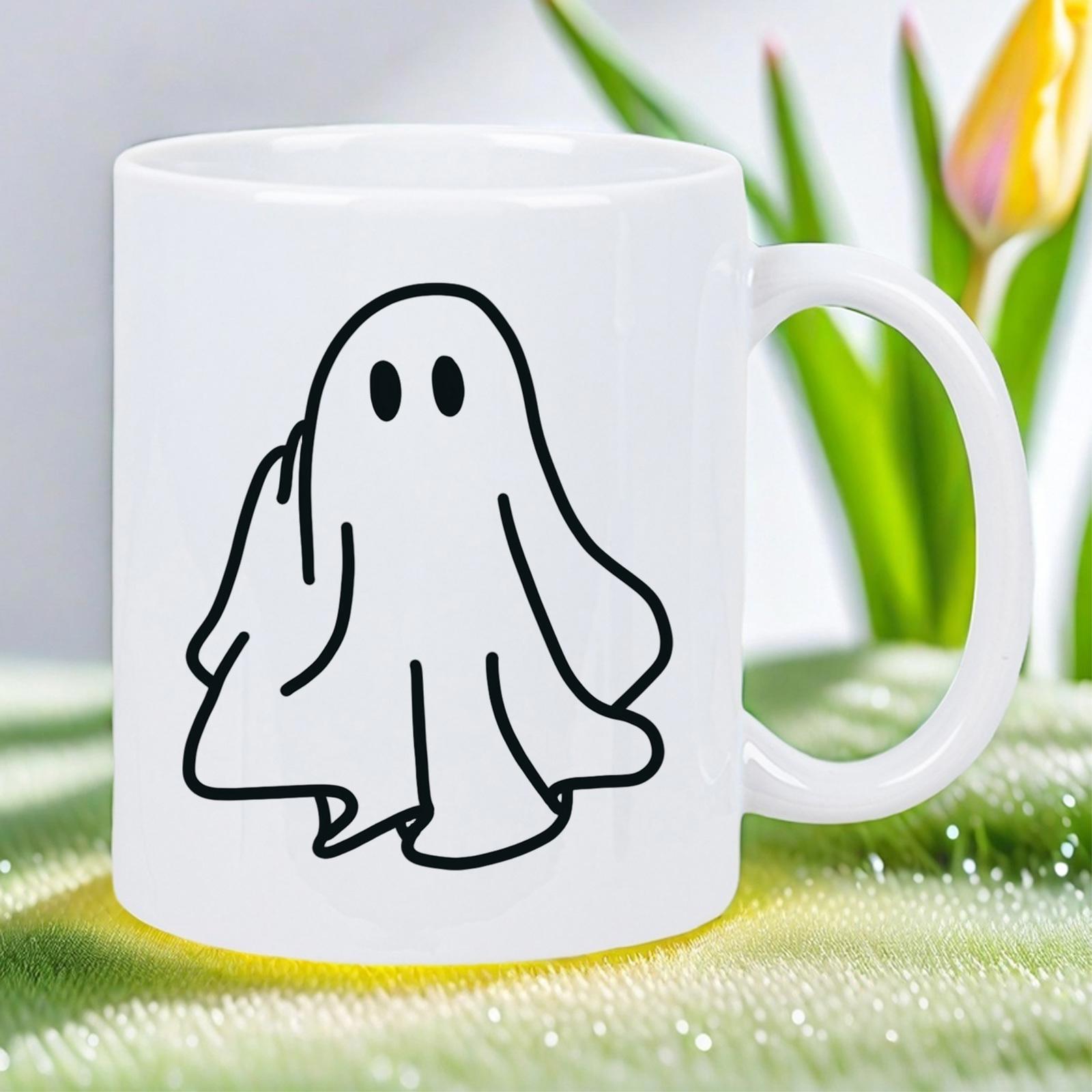 Tailorly White Ceramic 11 oz Mug - Minimalist Black Line Drawing Floating Cute Ethereal Spooky Halloween Spirit Ghost
