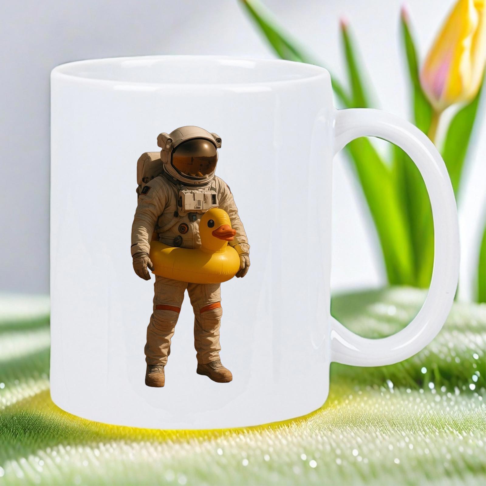 Tailorly White Ceramic 11 oz Mug - Whimsical Space Traveler Wearing A Bright Yellow Rubber Duck Swimming Ring Astronaut