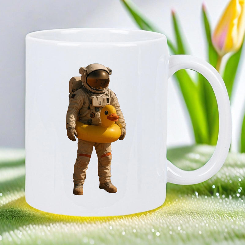 Tailorly White Ceramic 11 oz Mug - Whimsical Space Traveler Wearing A Bright Yellow Rubber Duck Swimming Ring Astronaut