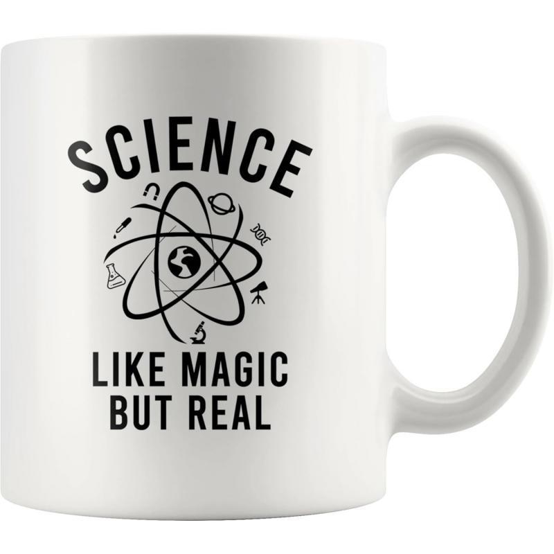 Tailorly White Ceramic 11 oz Mug - Science Like Magic But Real Scientific Atomic Model Surrounded By Microscope Beaker And Distant Planet Mug
