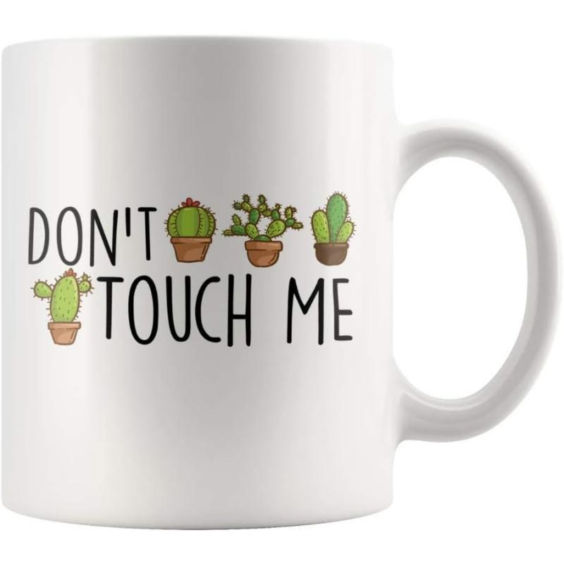 Tailorly White Ceramic 11 oz Mug - Don't Touch Me Several Potted Desert Plants Growing In Small Clay Pots Featuring Prickly Spines Cactus