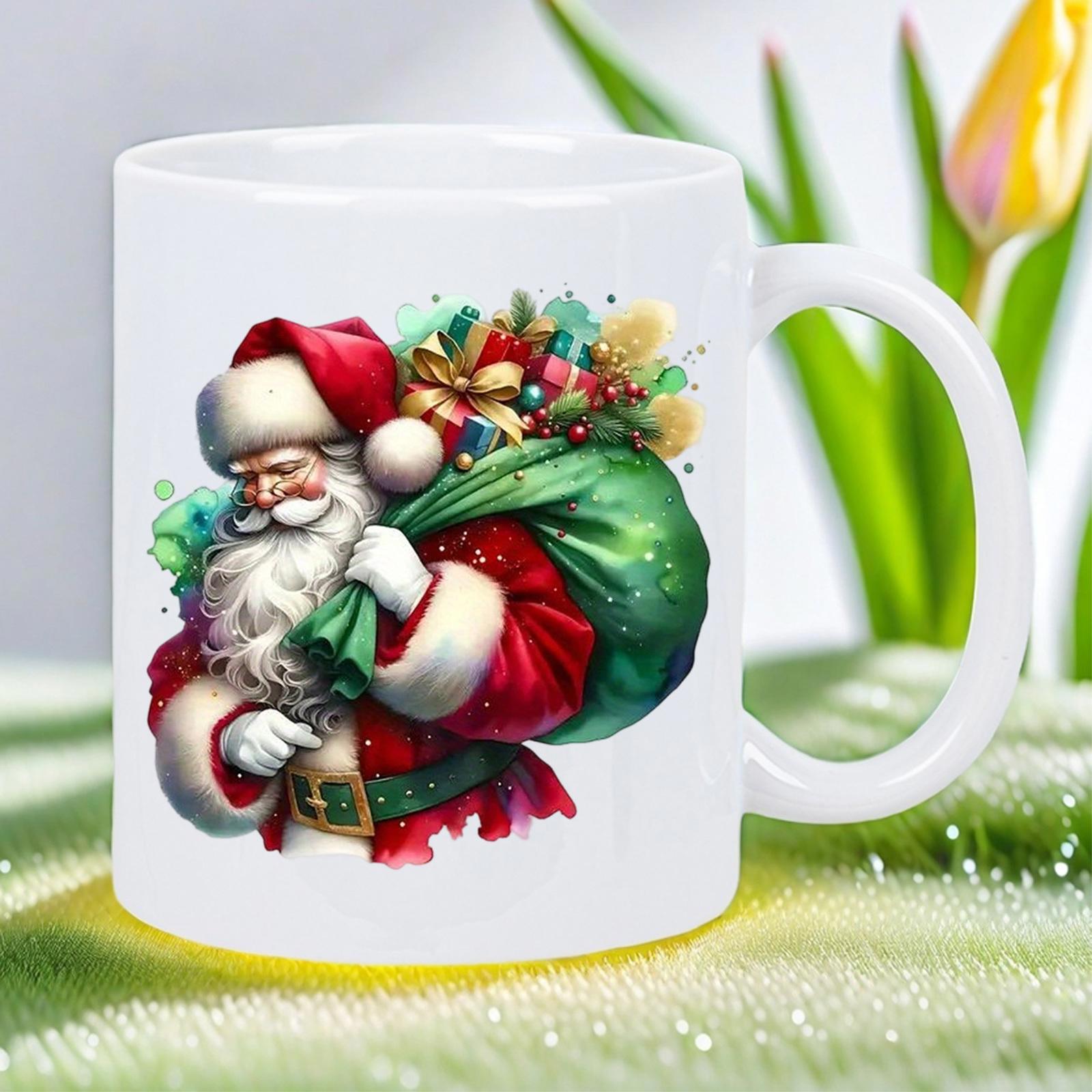 Tailorly White Ceramic 11 oz Mug - Festive Jolly Figure Carrying Heavy Green Sack Among Colorful Wrapped Gifts Santa Claus