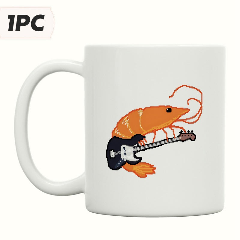 Tailorly White Ceramic 11 oz Mug - Whimsical Orange Cartoon Creature Playing A Black Electric Guitar Instrument Shrimp
