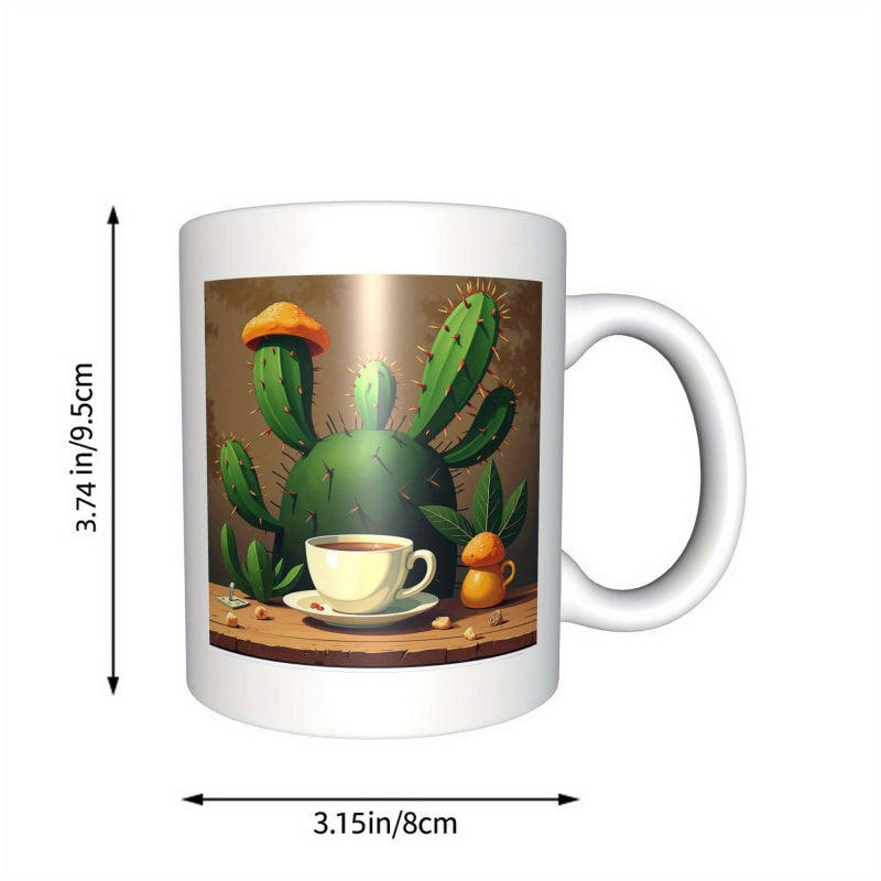 Tailorly White Ceramic 11 oz Mug - Quaint Desert Scene Featuring A Cute Hat Wearing Saguaro And Coffee Cactus