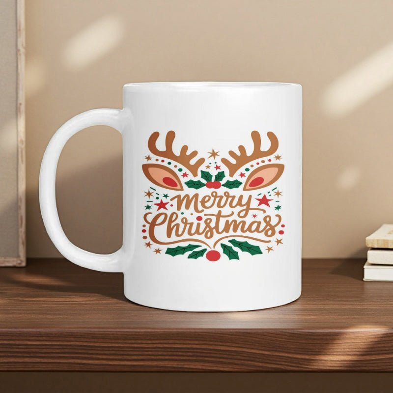 Tailorly White Ceramic 11 oz Mug - Merry Christmas Festive Reindeer Antlers With Green Holly Leaves And Bright Red Berries Reindeer