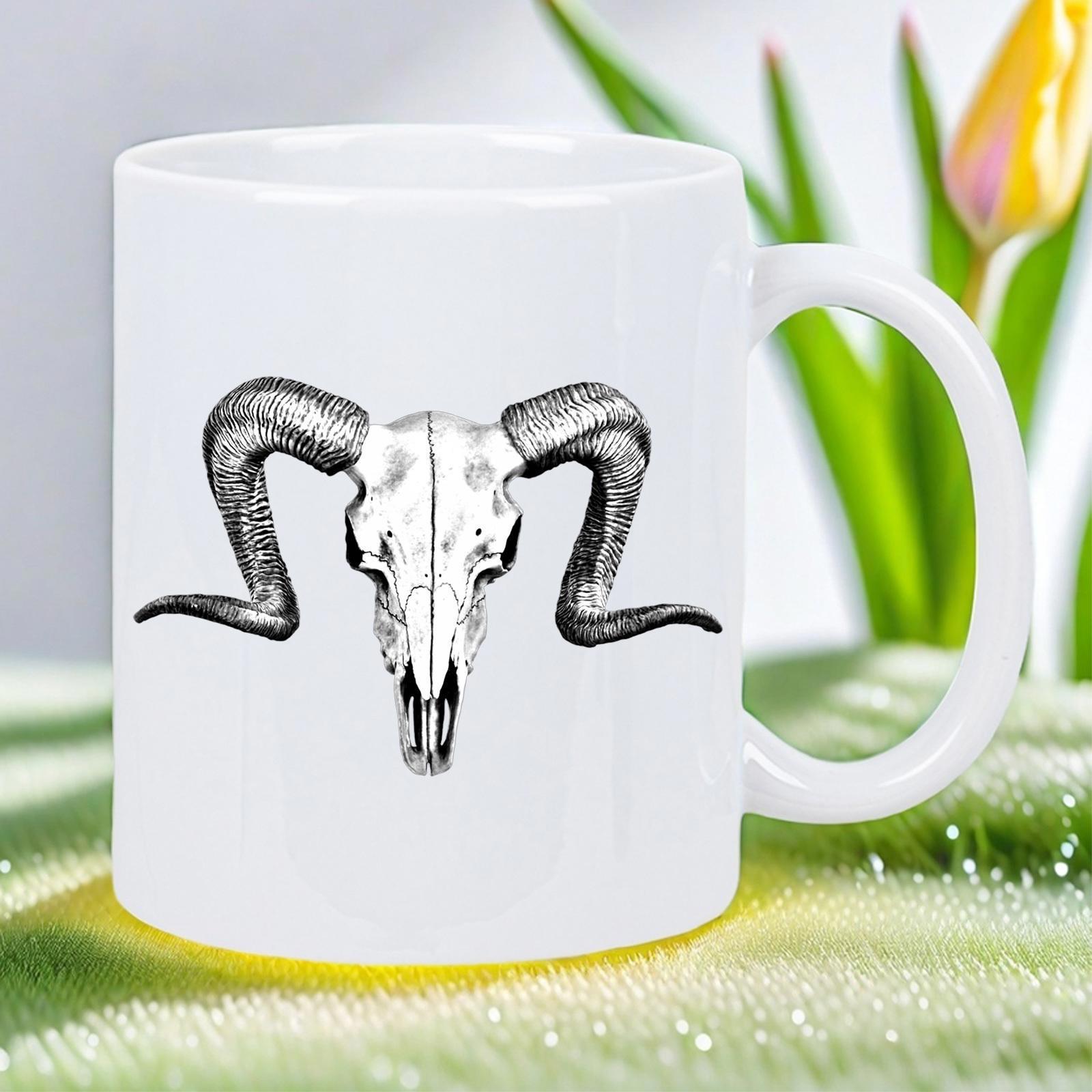 Tailorly White Ceramic 11 oz Mug - Monochrome Vintage Style Illustration Featuring Curved Textured Horns On A Ram Skull