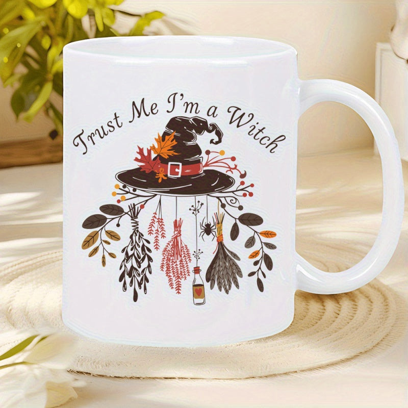 Tailorly White Ceramic 11 oz Mug - Trust Me I'm A Witch Classic Pointed Pattern Decorated With Autumn Leaves And Hanging Dried Herbs Hat