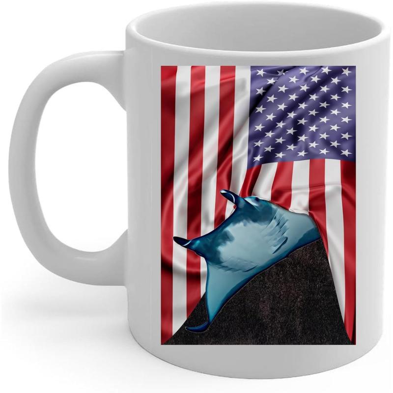 Tailorly White Ceramic 11 oz Mug - Patriotic American Flag Background With Rippled Fabric Textures And Majestic Swimming Manta Ray