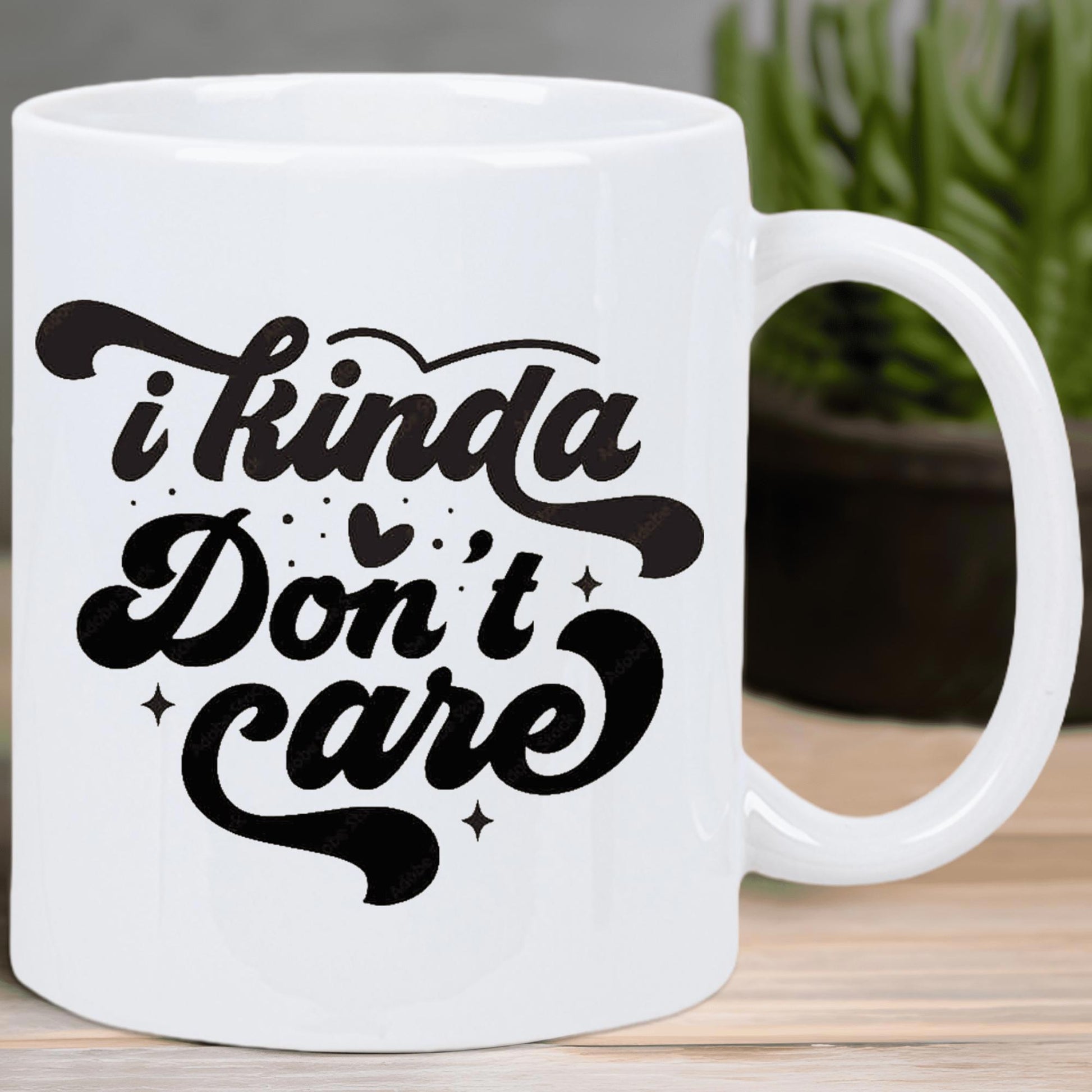Tailorly White Ceramic 11 oz Mug - I Kinda Don't Care Retro Groovy Typography Featuring Tiny Hearts And Twinkling Stars On Ceramic Mug