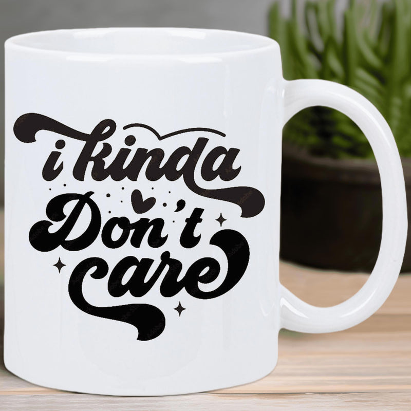 Tailorly White Ceramic 11 oz Mug - I Kinda Don't Care Retro Groovy Typography Featuring Tiny Hearts And Twinkling Stars On Ceramic Mug