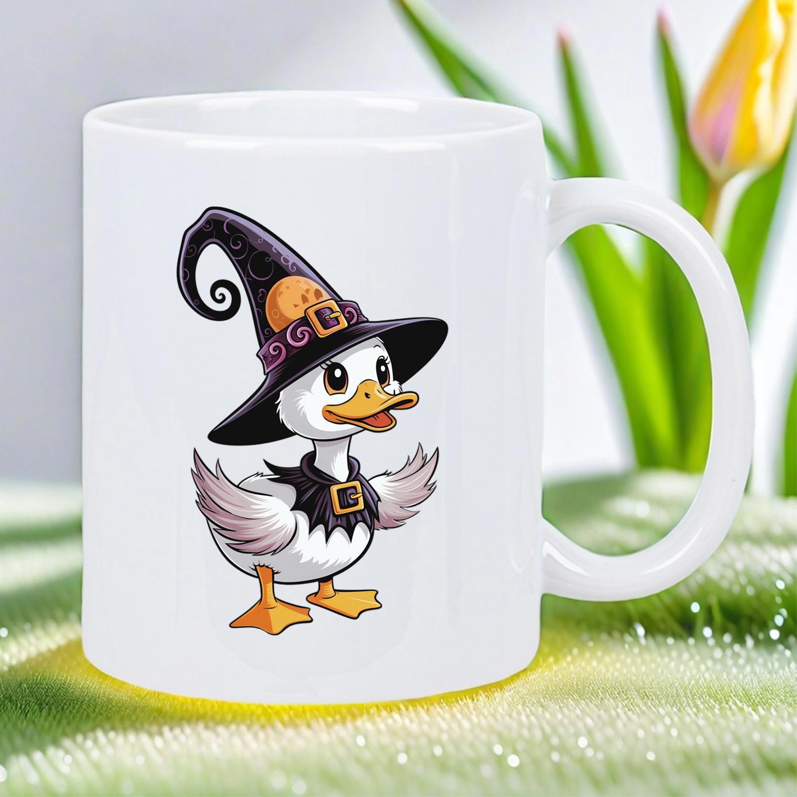 Tailorly White Ceramic 11 oz Mug - Adorable Little White Bird Wearing A Pointed Wizard Hat And Dark Cape Duck