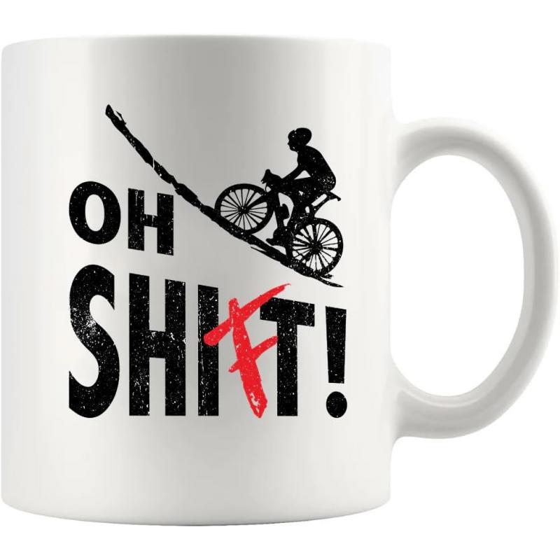 Tailorly White Ceramic 11 oz Mug - Oh Shift Distressed Black Silhouette Of A Cyclist Riding On Steep Incline Bicycle