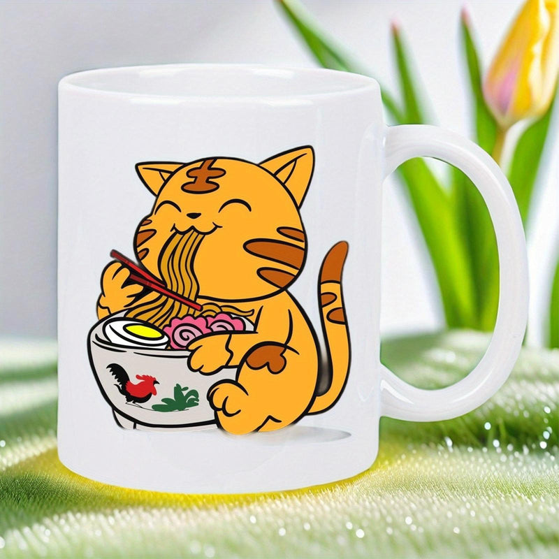 Tailorly White Ceramic 11 oz Mug - Chubby Orange Striped Kitty Enjoying Hot Ramen In Bowl Cat