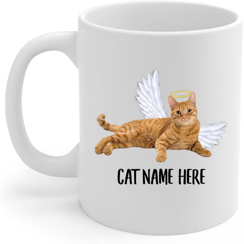 Tailorly White Ceramic 11 oz Mug - Cat Name Here Orange Tabby With Angel Wings And Halo Resting On White Ceramic Cat