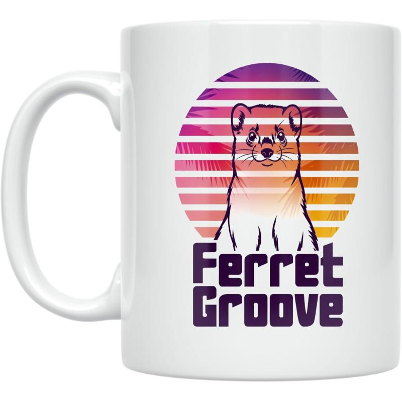Tailorly White Ceramic 11 oz Mug - Ferret Groove Retro Striped Sunset Background Featuring A Minimalist Outlined Portrait Ferret