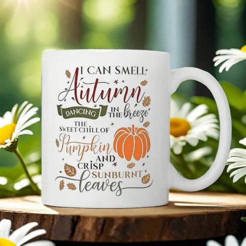 Tailorly White Ceramic 11 oz Mug - I Can Smell Autumn Dancing In The Breeze The Sweet Chill Of Pumpkin And Crisp Sunburnt Leaves Vibrant Orange Pumpkin With