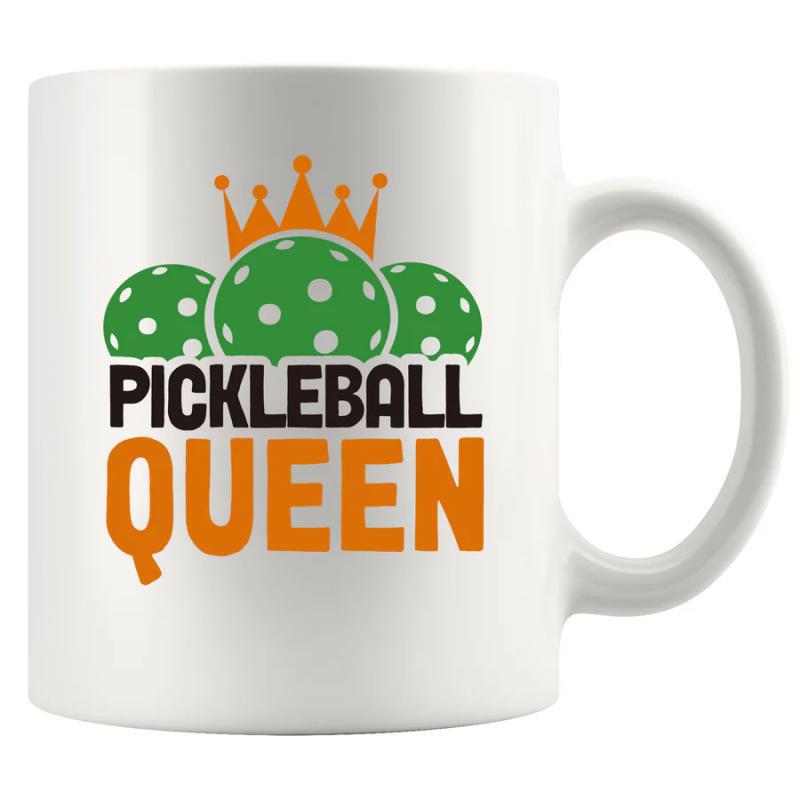 Tailorly White Ceramic 11 oz Mug - Pickleball Queen Three Green Perforated Balls Wearing A Golden Orange Royal Crown Pickleball