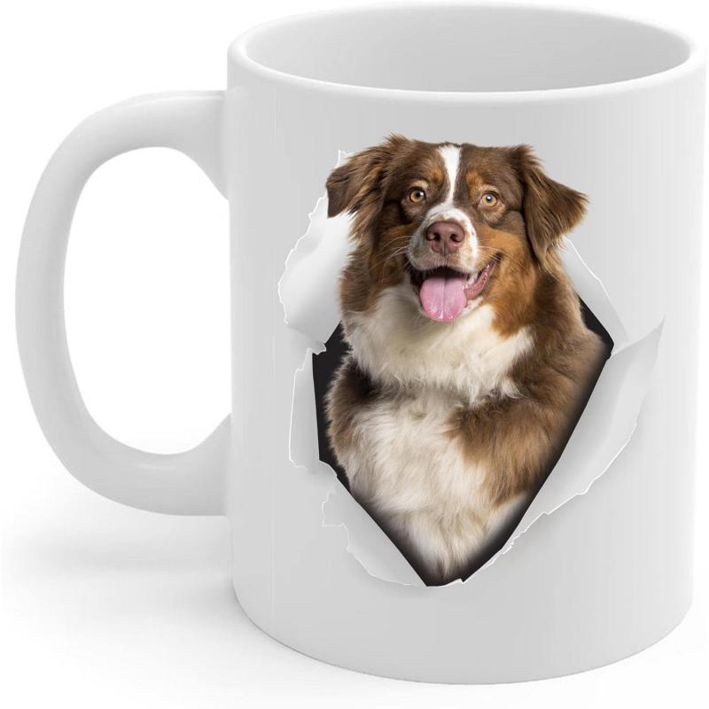 Tailorly White Ceramic 11 oz Mug - Fluffy Brown And White Australian Shepherd Ripping Through Realistic White Paper Dog
