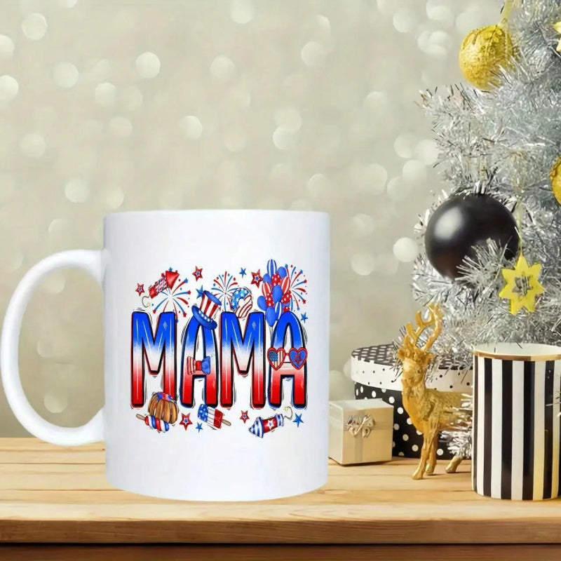 Tailorly White Ceramic 11 oz Mug - Mama Patriotic American Flag Colors With Fireworks And Sparking Stars Mug