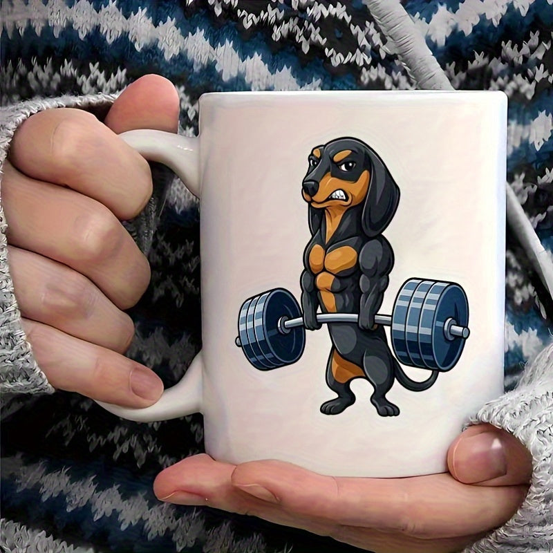 Tailorly White Ceramic 11 oz Mug - Muscular Cartoon Dog Lifting Heavy Metal Barbell In Gym Fitness Dachshund