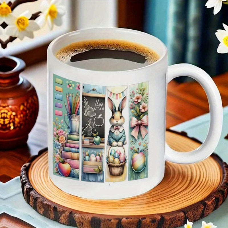 Tailorly White Ceramic 11 oz Mug - Watercolor Artistic Panels Featuring Chalkboard Sketches Flowers And A Festive Holiday Rabbit