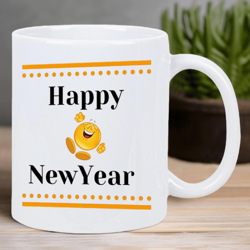 Tailorly White Ceramic 11 oz Mug - Happy New Year Cheerful Jumping Yellow Figure Celebrating Holiday Joyfully Amidst Decorative Orange Accents Mascot