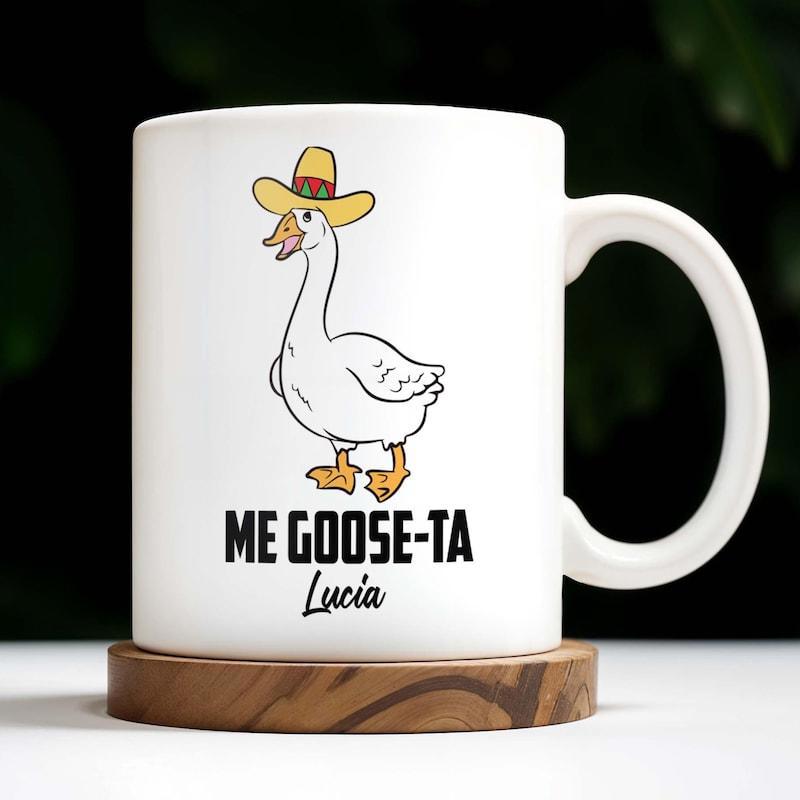 Tailorly White Ceramic 11 oz Mug - Me Goose Ta Lucia Happy White Goose Wearing A Traditional Yellow Sombrero Hat Goose