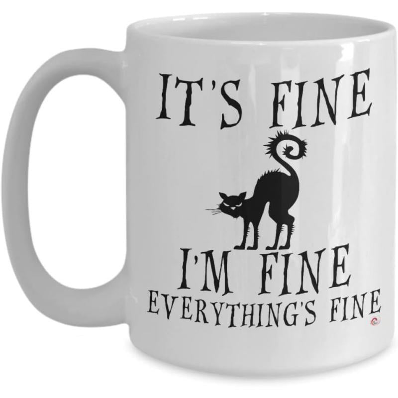 Tailorly White Ceramic 11 oz Mug - Its Fine Im Fine Everythings Fine Spooky Black Silhouette With Arched Back And Curly Tail Cat