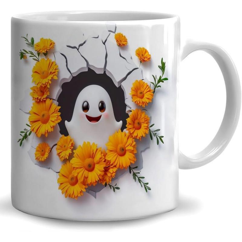 Tailorly White Ceramic 11 oz Mug - Friendly Little Spirit Emerging From Cracked Surface Surrounded By Golden Flowers Ghost