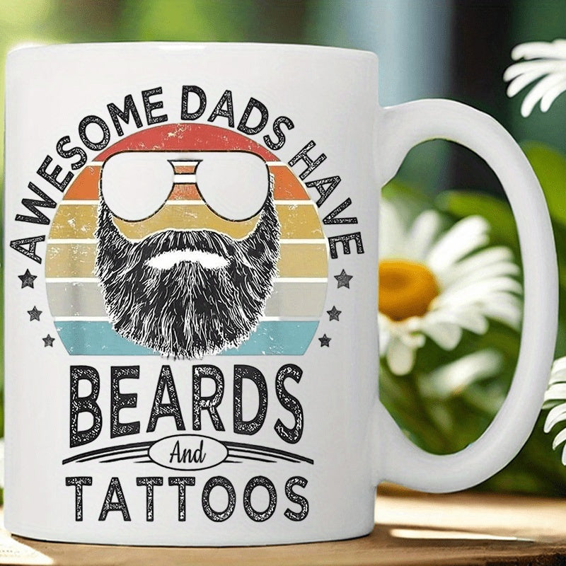 Tailorly White Ceramic 11 oz Mug - Awesome Dads Have Beards And Tattoos Retro Distressed Sunset Stripes With Classic Aviator Sunglasses Thick Beard