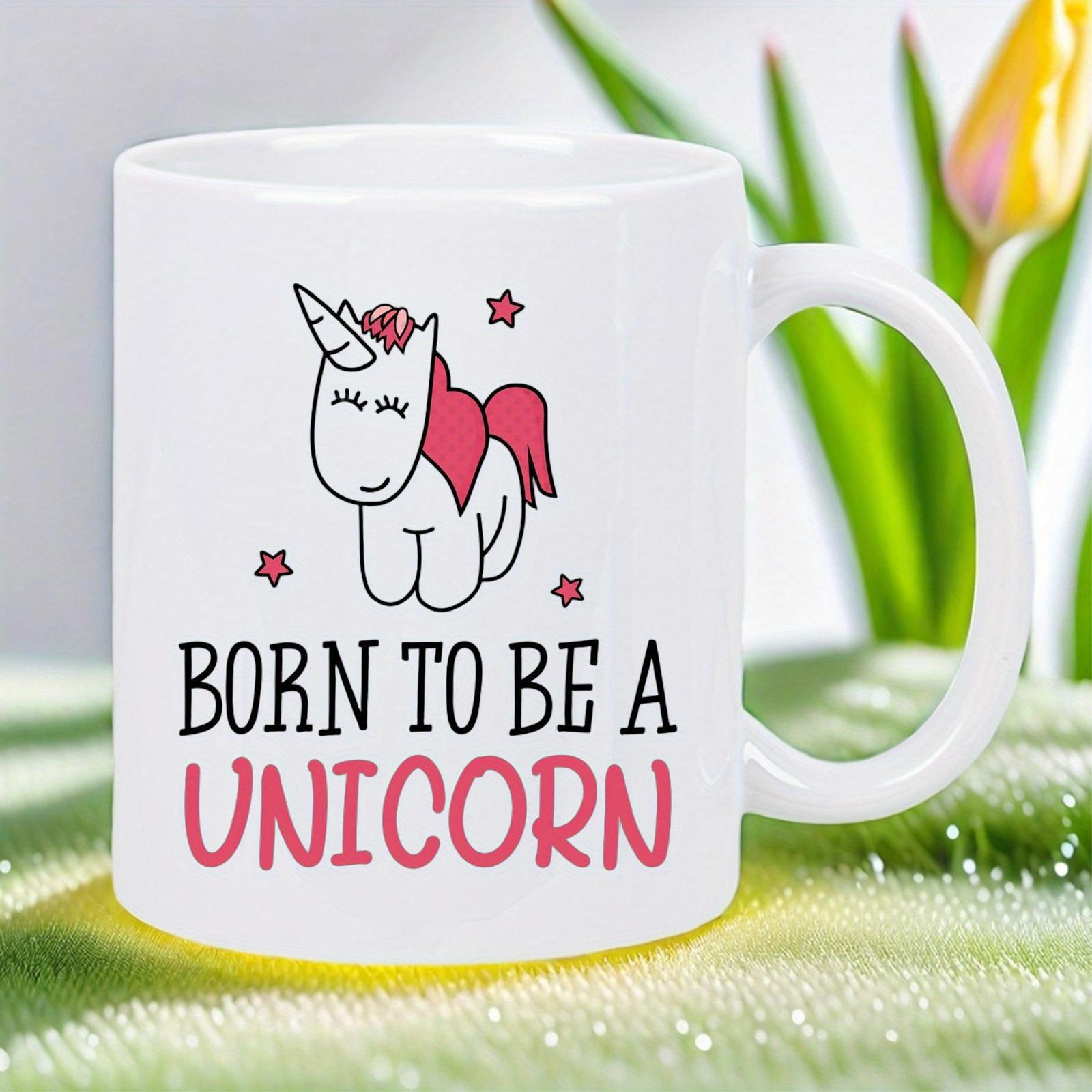 Tailorly White Ceramic 11 oz Mug - Born To Be A Unicorn Adorable Hand Drawn Cartoon Illustration Surrounded By Small Pink Stars Unicorn