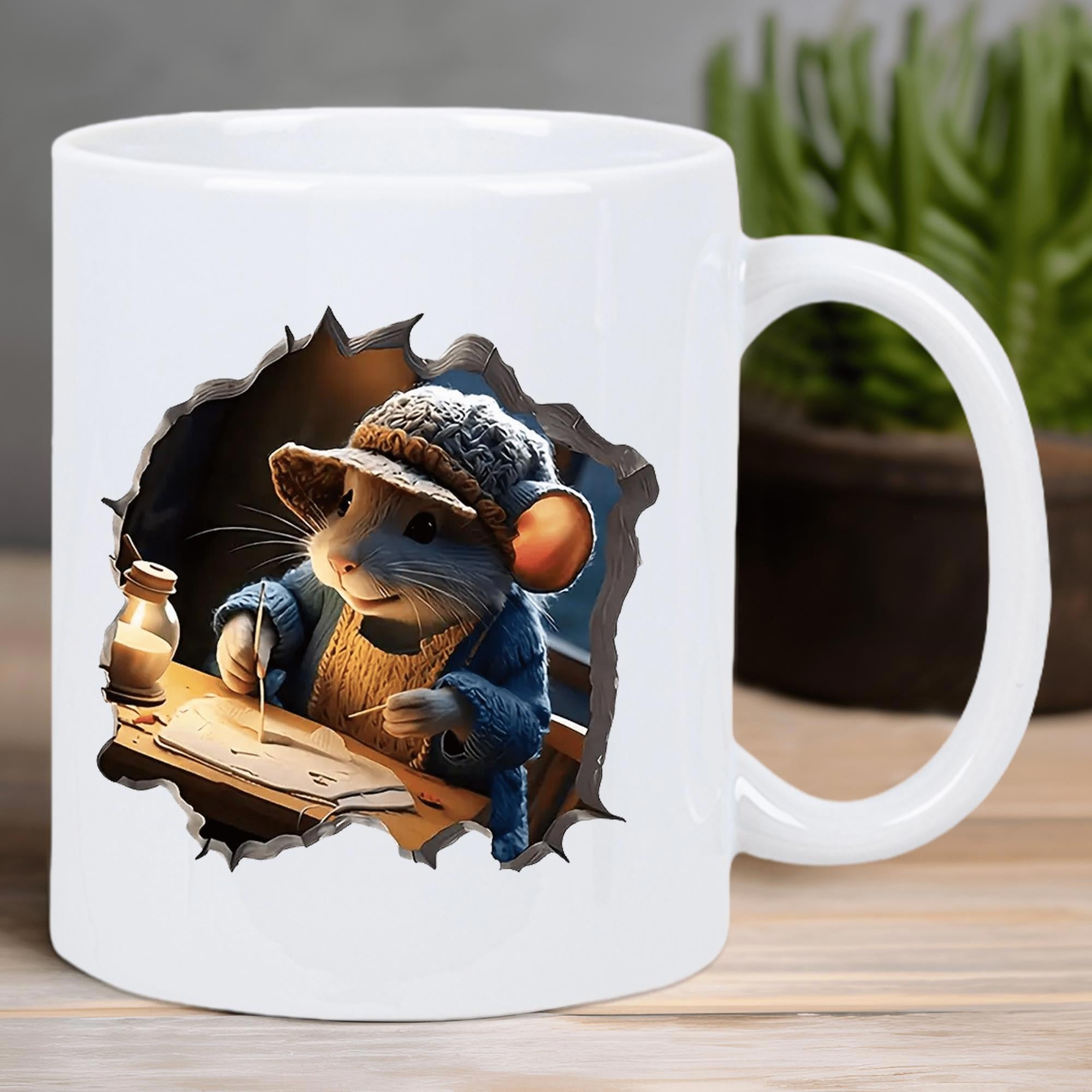 Tailorly White Ceramic 11 oz Mug - Tiny Studious Mouse Writing On Parchment Inside A Three Dimensional Hole Mouse