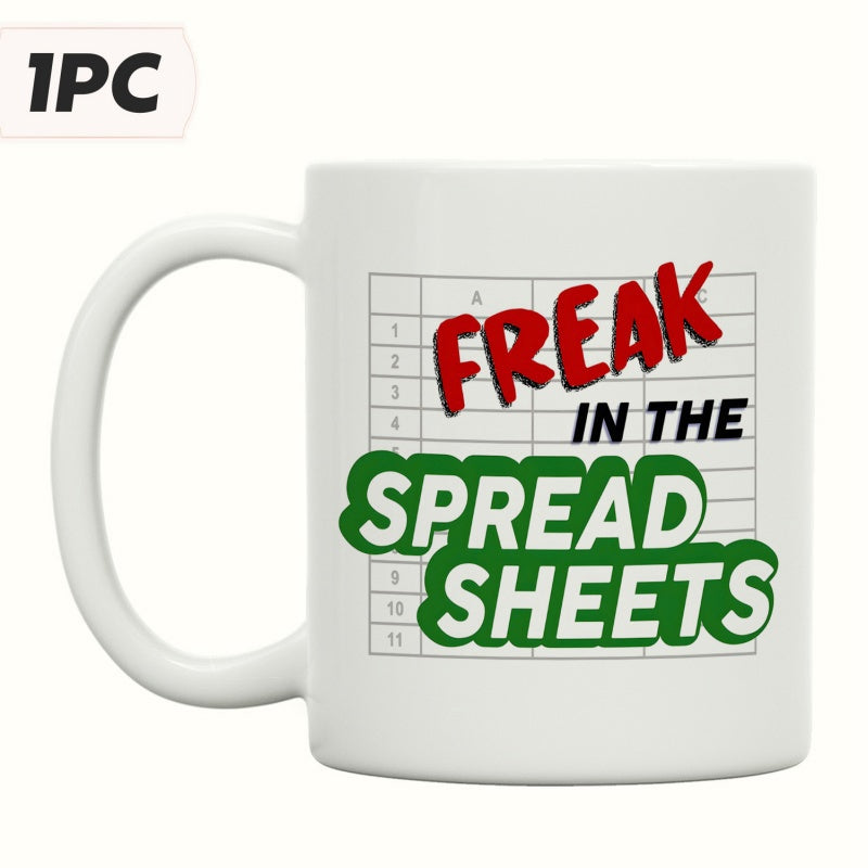 Tailorly White Ceramic 11 oz Mug - Freak In The Spreadsheets Electronic Spreadsheet Grid Lines Background With Red And Green Bold Typography Mug