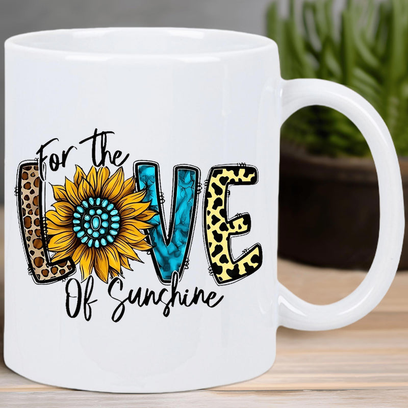 Tailorly White Ceramic 11 oz Mug - For The Love Of Sunshine Vibrant Decorative Pattern With Animal Prints And Glowing Petals Sunflower