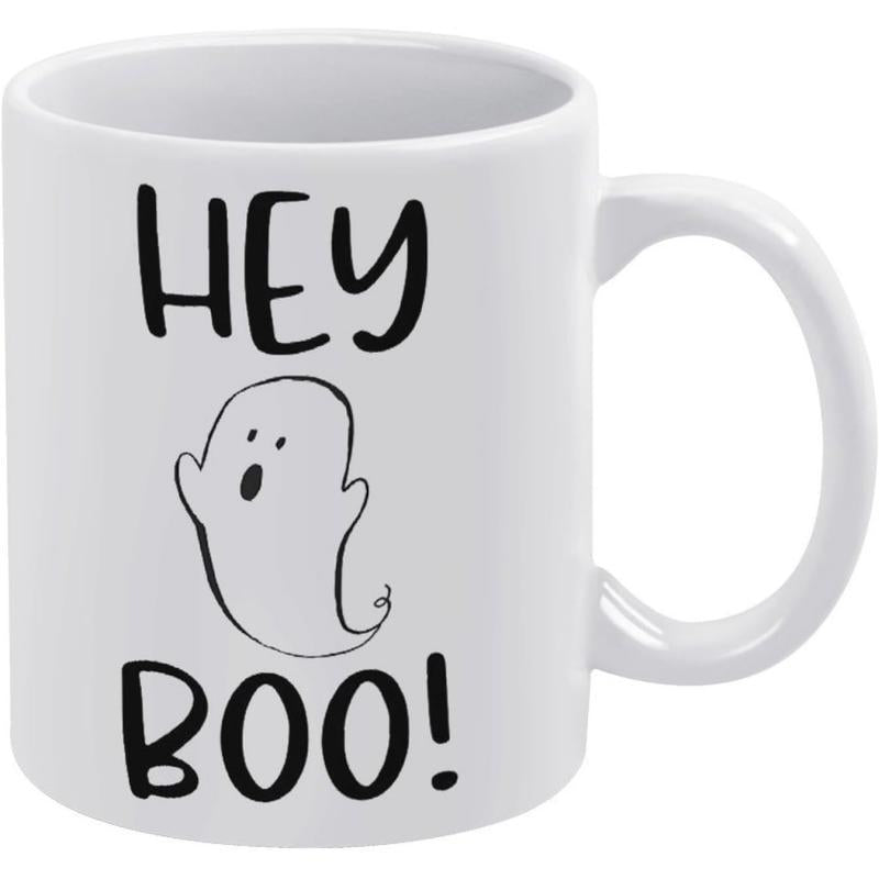 Tailorly White Ceramic 11 oz Mug - Hey Boo Cute Hand Drawn Style Floating Friendly Halloween Spirit Ghost