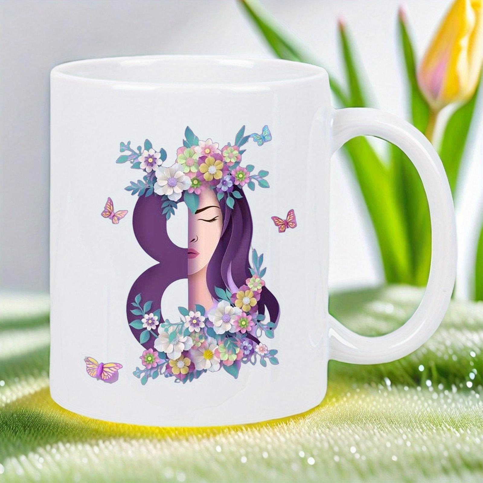 Tailorly White Ceramic 11 oz Mug - Elegant Floral Portrait Blending Into Digit Eight With Butterflies And Flowers Woman