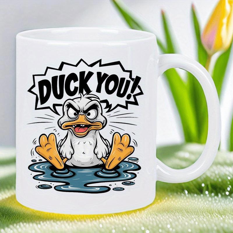 Tailorly White Ceramic 11 oz Mug - Duck You Angry White Bird Featuring Orange Beak And Webbed Feet Splashing Puddle Duck