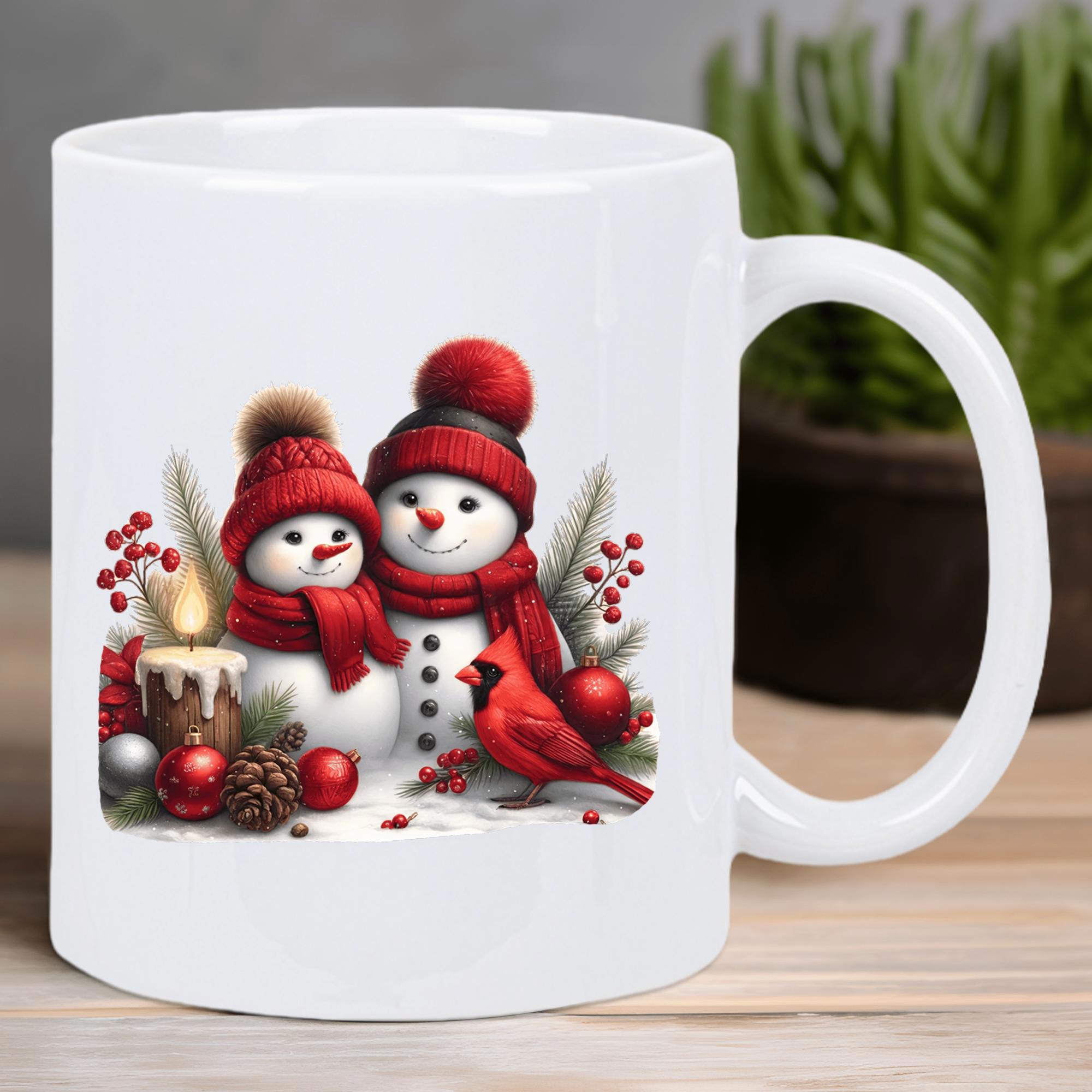 Tailorly White Ceramic 11 oz Mug - Adorable Festive Duo With Red Scarves Cardinal And Winter Holiday Snowman
