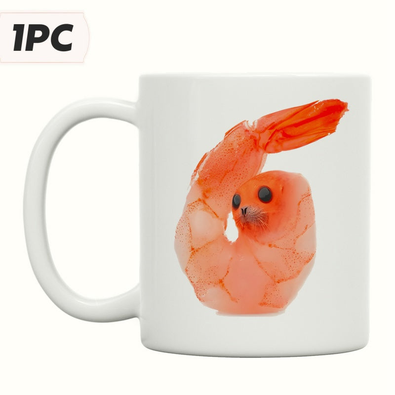 Tailorly White Ceramic 11 oz Mug - Funny Cartoon Seal Face Blended Into A Cooked Pink Curved Aquatic Shrimp