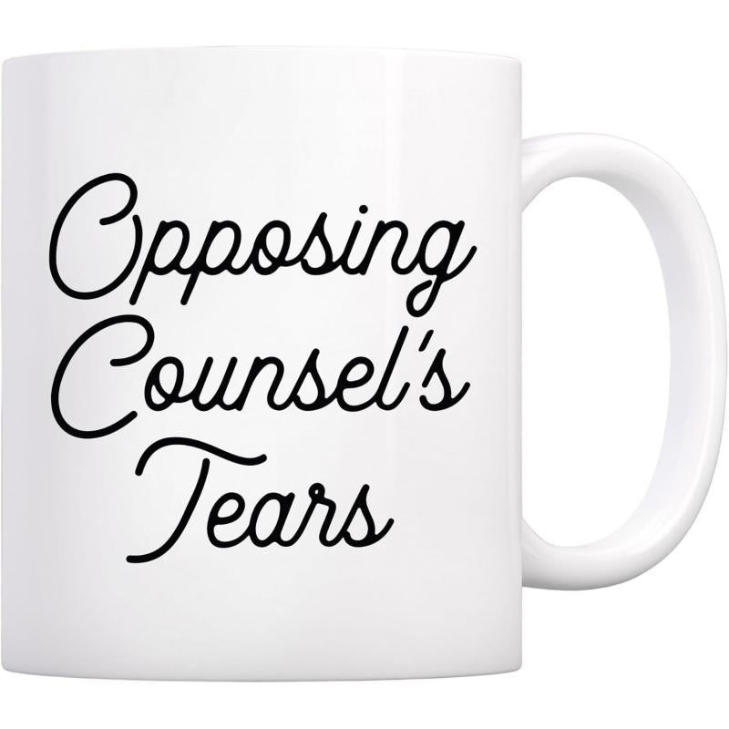Tailorly White Ceramic 11 oz Mug - Opposing Counsel's Tears Minimalist White Ceramic Kitchenware With Elegant Black Cursive Script Text Mug