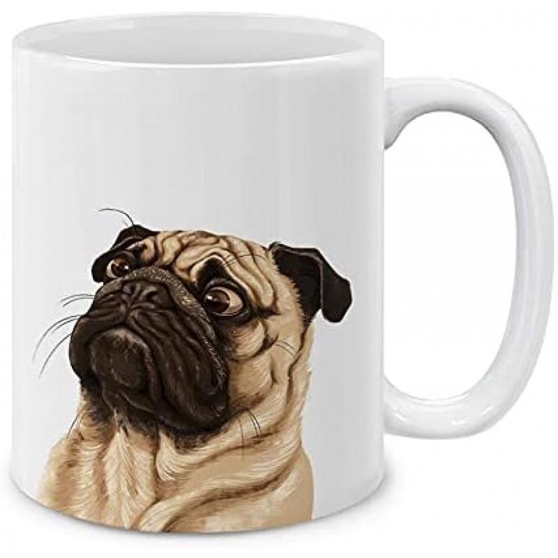 Tailorly White Ceramic 11 oz Mug - Realistic Detailed Illustration Of A Cute Brown Wrinkled Face Dog Pug