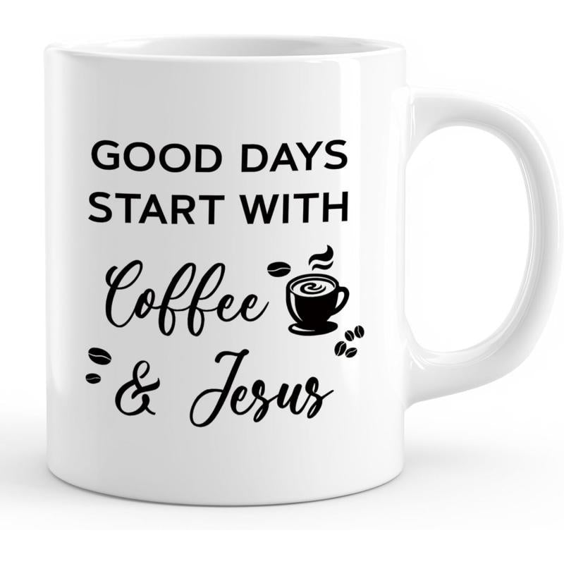 Tailorly White Ceramic 11 oz Mug - Good Days Start With Coffee Jesus Minimalist Black Graphic Showing Steaming Hot Coffee And Scattered Beans Mug