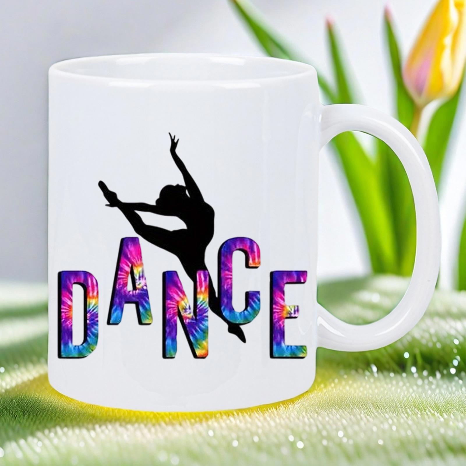 Tailorly White Ceramic 11 oz Mug - Dance Artistic Tie Dye Vibrant Colors Featuring A Graceful Leaping Silhouette Dancer