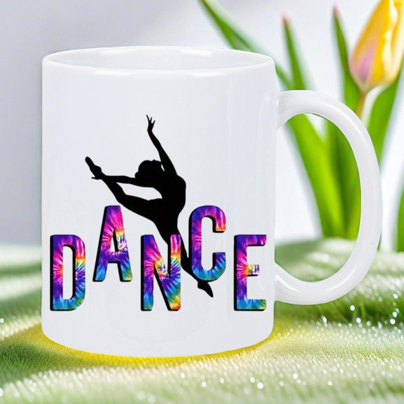 Tailorly White Ceramic 11 oz Mug - Dance Artistic Tie Dye Vibrant Colors Featuring A Graceful Leaping Silhouette Dancer