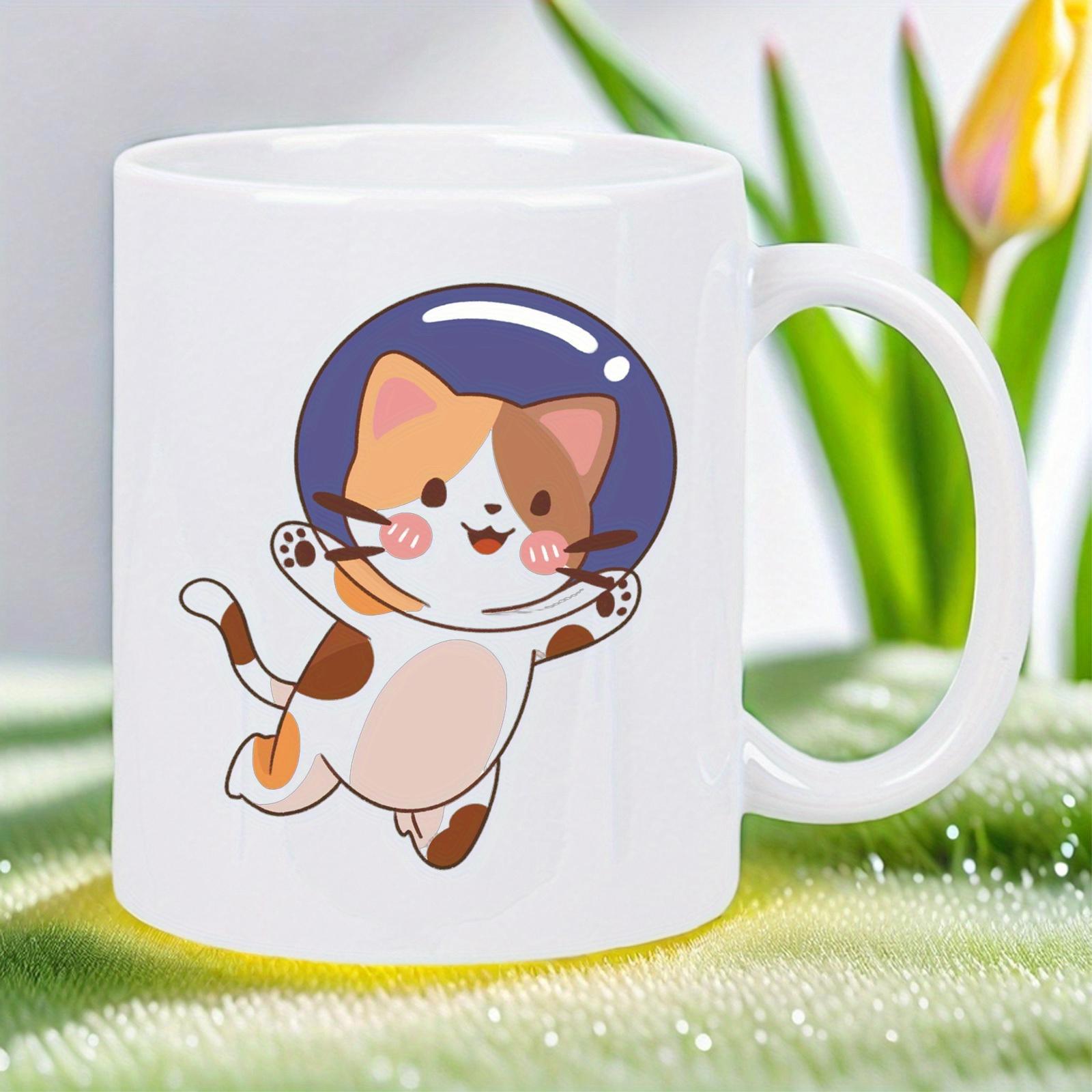 Tailorly White Ceramic 11 oz Mug - Adorable Floating Calico Kitty Wearing Purple Astronaut Helmet In Space Cat