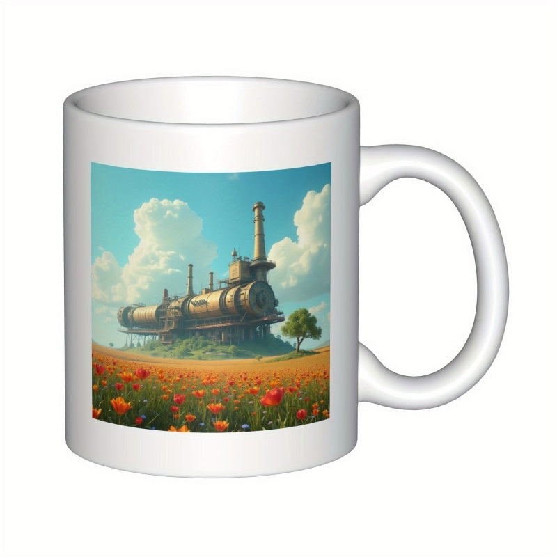 Tailorly White Ceramic 11 oz Mug - Steampunk Industrial Structure Amidst Blooming Poppy Field Under Bright Fluffy Clouds Factory