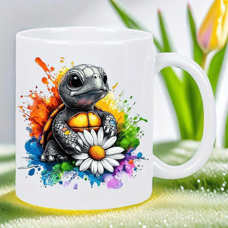 Tailorly White Ceramic 11 oz Mug - Cute Baby Sea Animal Holding Daisy Among Vibrant Rainbow Watercolor Splashes Turtle
