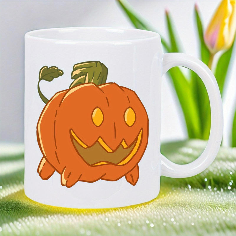 Tailorly White Ceramic 11 oz Mug - Smiling Animated Jack O Lantern With Tiny Feet And Green Vine Leaf Pumpkin