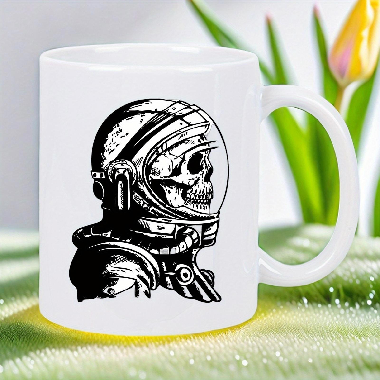 Tailorly White Ceramic 11 oz Mug - Detailed Black And White Skeleton Skull In Space Helmet Astronaut